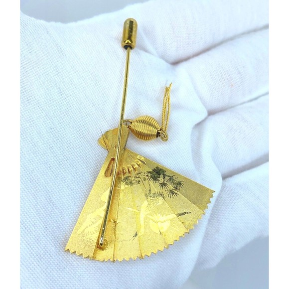 Vintage Adjustable Asian Theme Gold Tone Fan Stick Pin - Picture 1 of 13